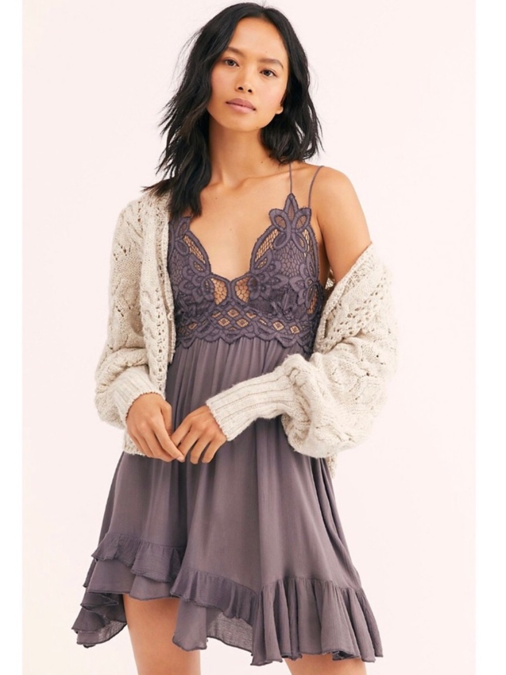 Free People Lace Adella Slip Dress Dusk Grey Sz XS